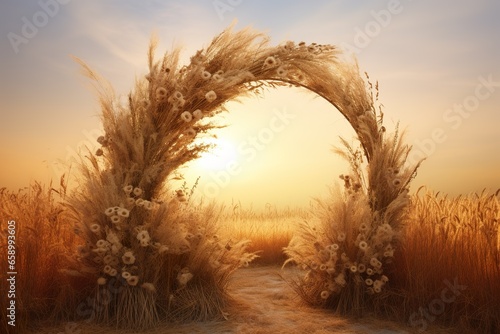 an arch made of dried grass at sunset  in the style of photorealistic renderings  light brown and gold