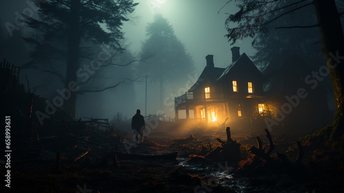 halloween background, horror ghost, scary horror, halloween concept, spooky house with spooky fog and spooky tree, halloween concept.