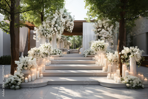 Wedding decoration of the villa s outdoor terrace with candles and white flowers