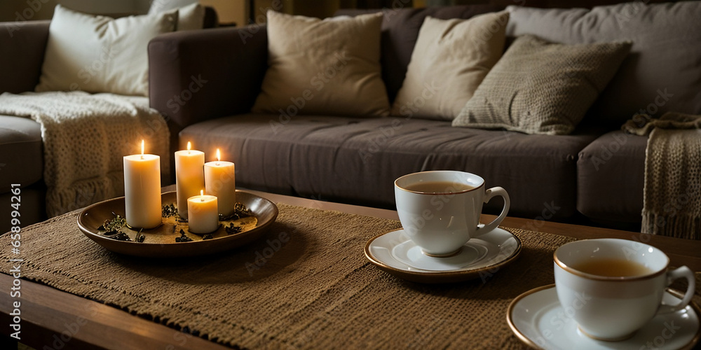 Beautiful cozy living room decorated with candles and tea, beautiful light, warm and relaxing feeling