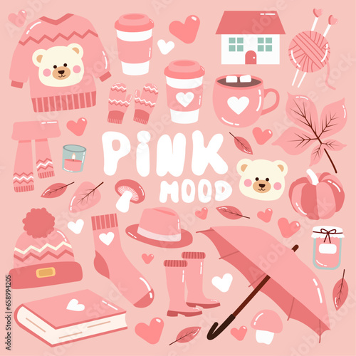 Different things, items for the autumn, fall collection in the pink style. Inspired color pink vibes. Pink mood.