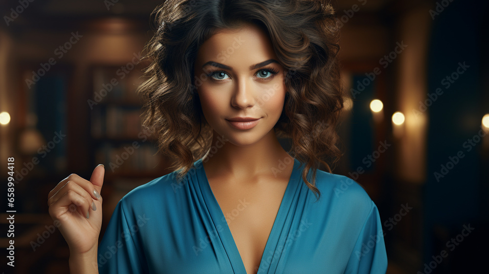 portrait of beautiful young brunette woman with long wavy hair showing v sign portrait of beautiful young brunette woman with long wavy hair showing v sign