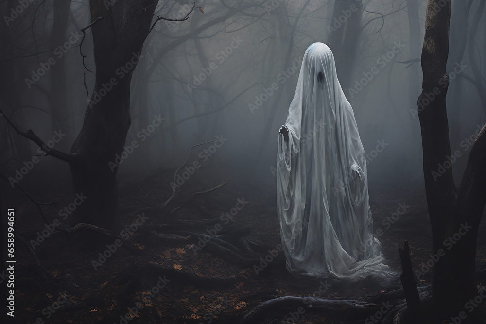 In the style of a haunting composition, a ghostly figure haunts the woods. - obrazy, fototapety, plakaty 