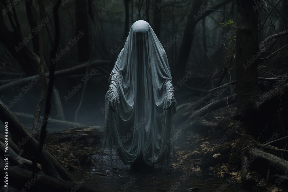 Specter amidst the forest, in a hauntingly composed scene. Specter amidst the forest, in a hauntingly composed scene.