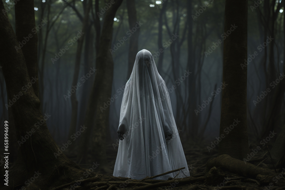 Hauntingly composed image of a ghostly apparition in the woods. Hauntingly composed image of a ghostly apparition in the woods.