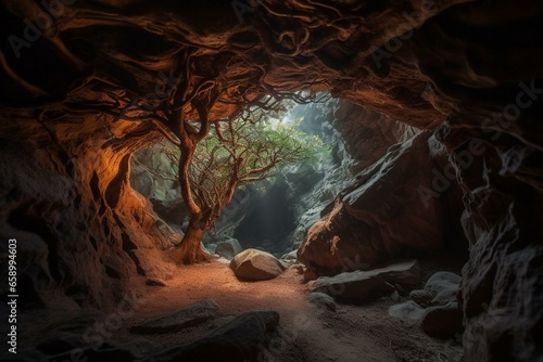 Mystical tree within cavern. Generative AI