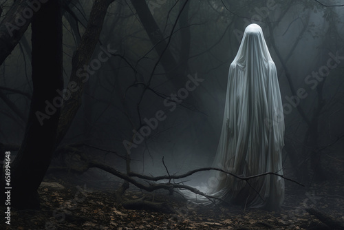 In the style of a haunting composition, a ghostly figure haunts the woods.