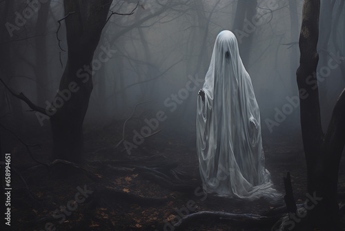 In the style of a haunting composition, a ghostly figure haunts the woods.