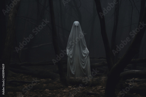 In the style of a haunting composition, a ghostly figure haunts the woods. photo