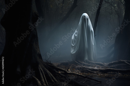 An eerie woodland specter, rendered in a composition with a haunting quality.
