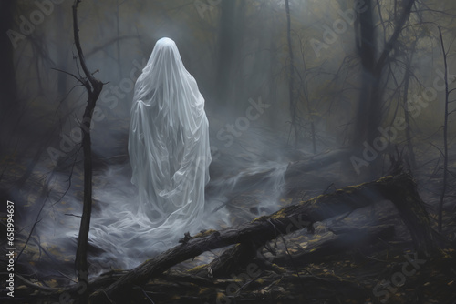 Hauntingly composed image of a ghostly apparition in the woods.