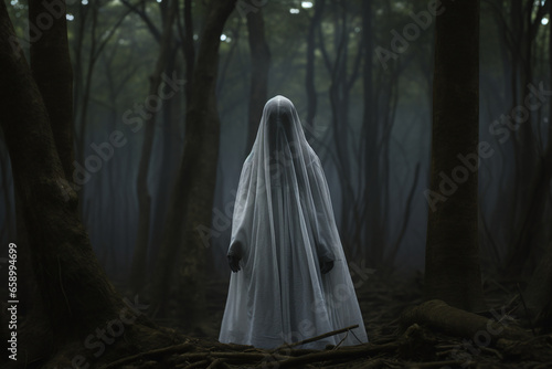 Hauntingly composed image of a ghostly apparition in the woods.