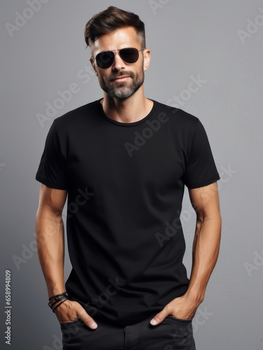 Fashion portrait of handsome male model wearing black t-shirt and pants and posing on gray background.