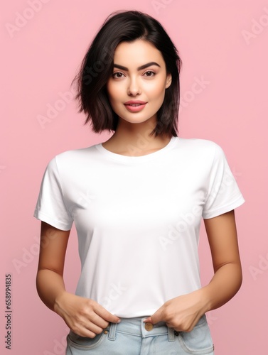 beautiful woman white t-shirt pink background lifestyle