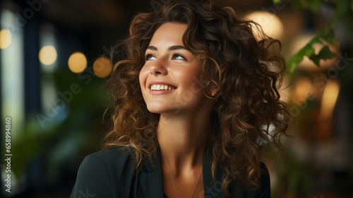 happy woman in casual clothes smiling and looking at camera on dark background.