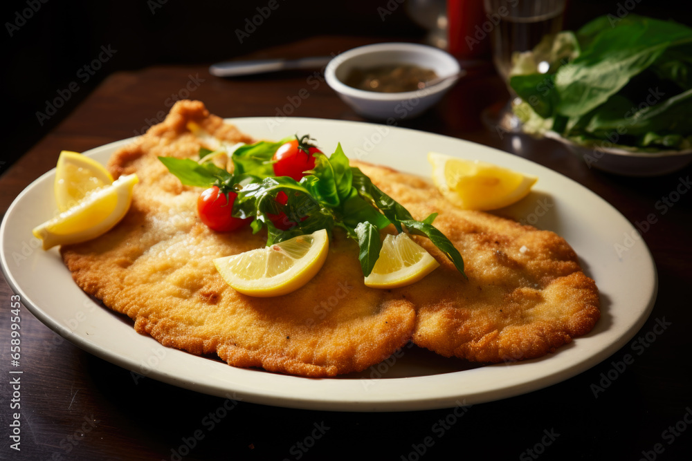 Authentic Italian food, veal Milanese (cotoletta alla milanese) close-up on a plate Authentic Italian food, veal Milanese (cotoletta alla milanese) close-up on a plate