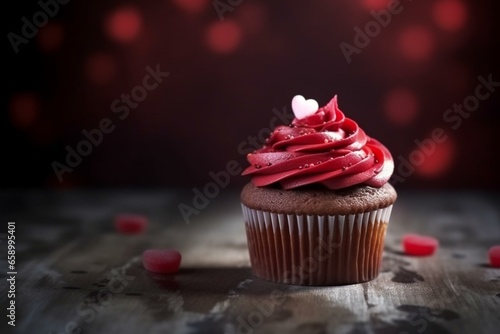 Cupcake with heart on top. Valentine's Day theme. Generative AI