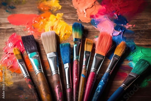 Paint brushes and palette of colors on a wooden background