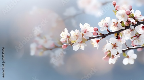 Branches of blossoming cherry blurry soft white background © visuallabel
