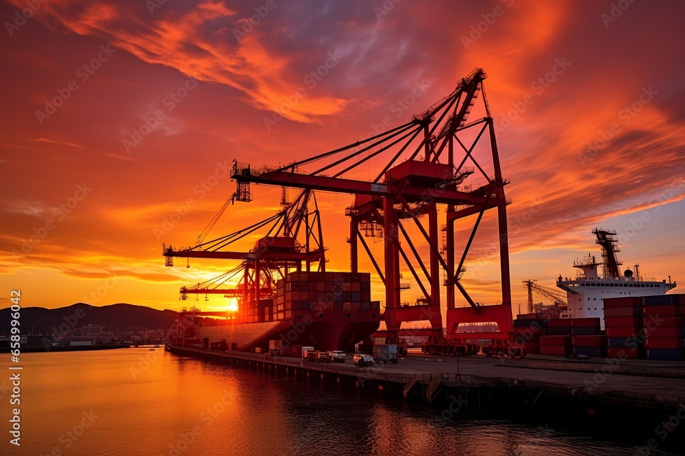 A mesmerizing scene of shipping containers being delicately lifted by cranes during the golden hour. 