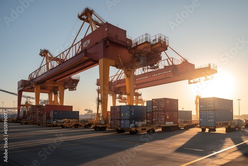 A mesmerizing scene of shipping containers being delicately lifted by cranes during the golden hour. 