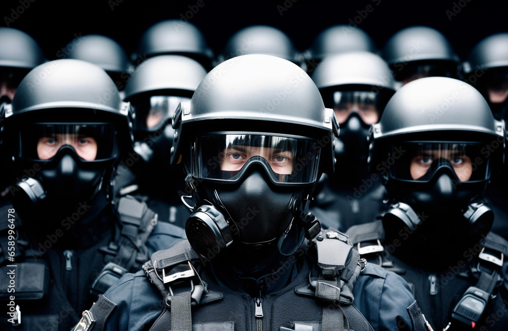 Special police unit SWAT team officer standing in a row. Masked Team of Armed SWAT Police Officers with Rifles are Posing After a Successful Office Building Siege. Soldiers Stand in a Row and Raise Special police unit SWAT team officer standing in a row. Masked Team of Armed SWAT Police Officers with Rifles are Posing After a Successful Office Building Siege. Soldiers Stand in a Row and Raise