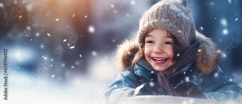 Close up of happy child, kid sledding from snowy mountain. Winter leisure activity. Generative ai