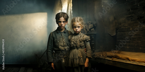 portrait photo of a boy and girl in their room, siblings, wet plate photography from the 1900s. Artistic serious expression, space for text, cropable, banner, panorama, background, gerative ai