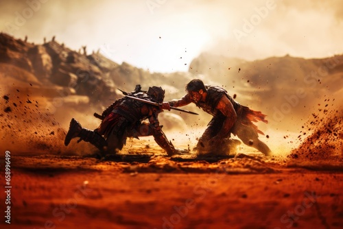 medieval battle. gladiators fighting until death. roman, spartan, etruscan, greek, thracian, carthaginian, byzantine. motion blur, dust scratches, grain texture. blood and gore in the arena. photo