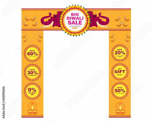 Happy Diwali Dhanteras Great Indian festival Sale Gate entrance arch Advertisement design vector illustration