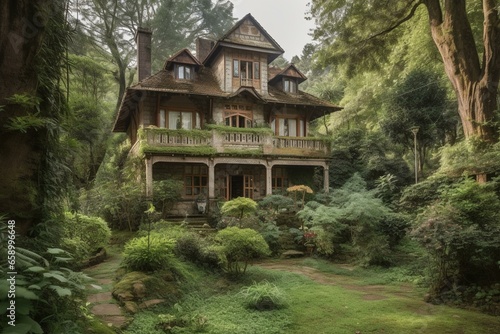 A traditional home nestled amidst lush woodland. Generative AI