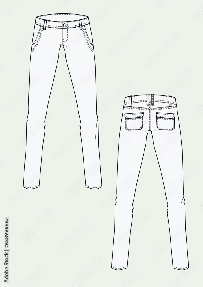 Woman's denim 5 pockets slim fit with flap flat pockets sketch fashion illustration with front and back view. Drawing vector template mock up Woman's denim 5 pockets slim fit with flap flat pockets sketch fashion illustration with front and back view. Drawing vector template mock up