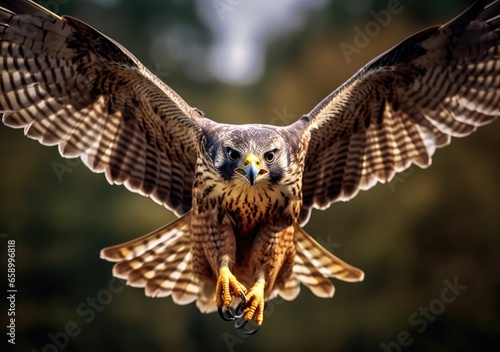 "Predator's Gaze: Exploring the Fierce Intensity of a Hunting Falcon with Wings." Generated AI.