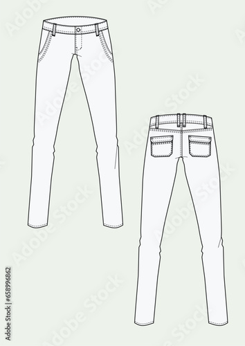 Woman's denim 5 pockets slim fit with flap flat pockets sketch fashion illustration with front and back view. Drawing vector template mock up