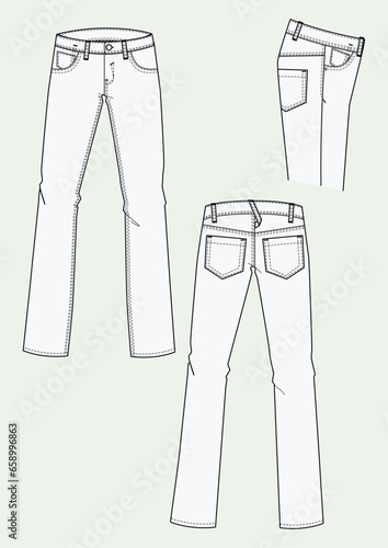 Woman's denim 5 pockets slim fit with flat sketch fashion illustration with front and back view. Drawing vector template mock up