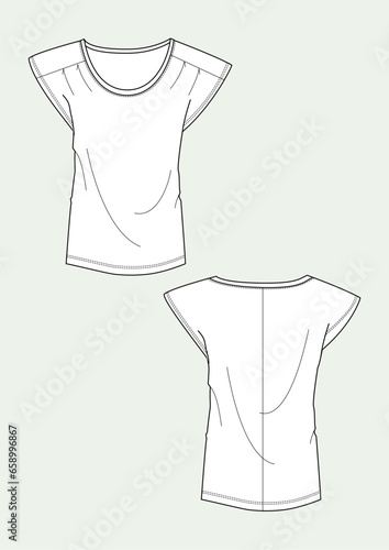 Woman Top wide sleeve round neck flat sketch fashion illustration with front and back view. Drawing vector template mock up
