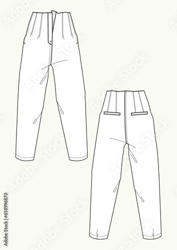 Woman's baggy trousers with flat sketch fashion illustration with front and back view. Drawing vector template mock up