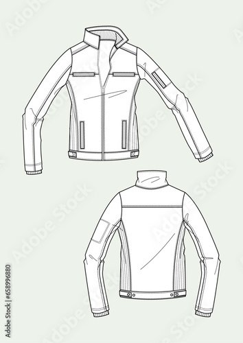 Woman's sport jacket with zip and rib flat sketch fashion illustration with front and back view. Drawing vector template mock up