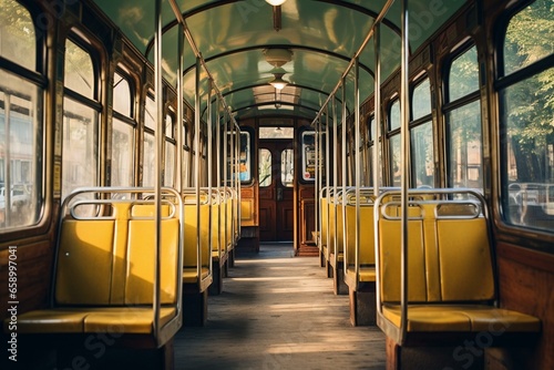 Vintage city tram with unoccupied seats. Generative AI