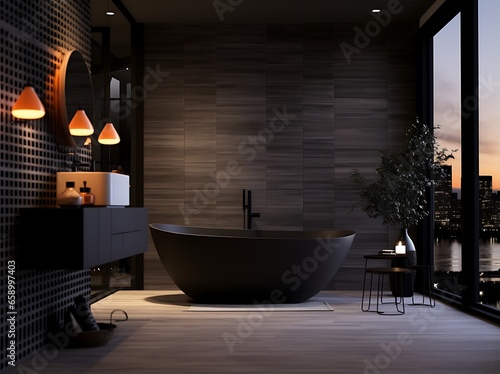 Interior of modern bathroom with dark wooden walls  concrete floor  comfortable black bathtub standing near window with city view. 3d rendering