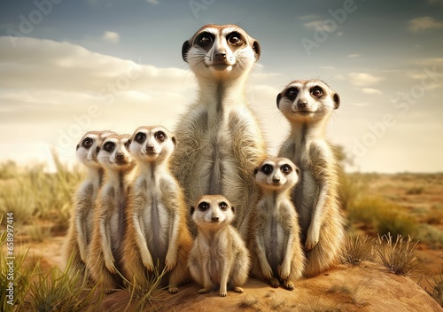"Meerkat Circus: The Joyful Antics of a Family Standing Tall." Generated AI. © Metodi