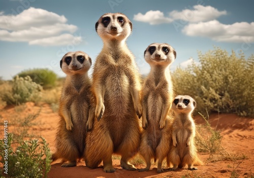 "Guardians of Laughter: A Playful Meerkat Family's Stand." Generated AI.
