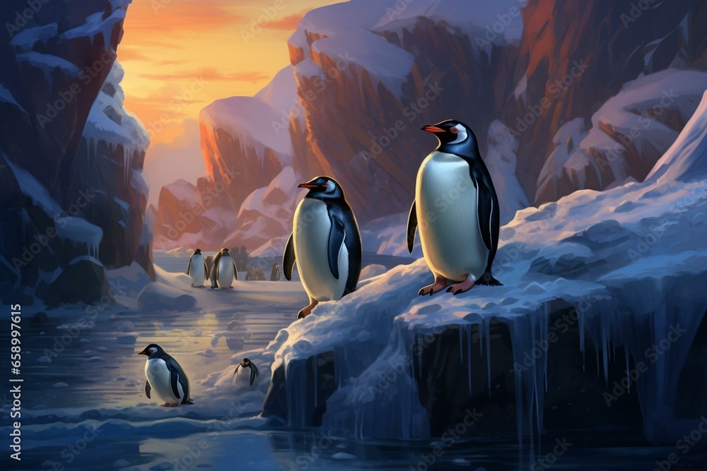 Several penguins perched on a rock by water and an icy cave. Generative AI