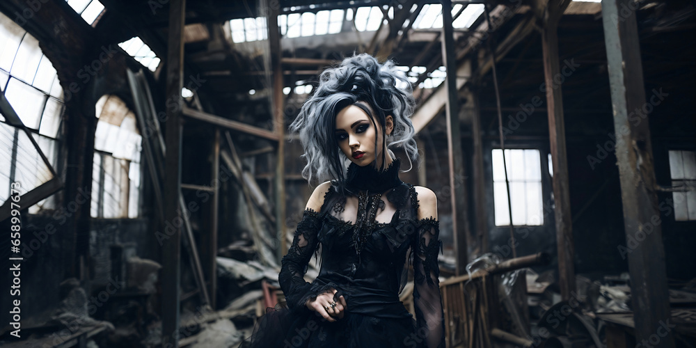 Gothic woman with crazy hair and a black dress in an old factory
