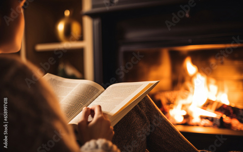 Fototapeta Woman reading a book by the fireplace in a cozy warm home close up, autumn vibe