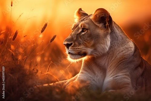  Majestic Siesta  The Regal Grace of a Lioness in Golden Light.  Generated AI.