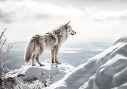  A Winter s Serenade  The Enigmatic Elegance of a Lone Wolf Amidst the Snow.  Generated AI.