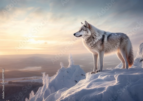"Solitary Majesty: A Lone Wolf's Silent Vigil in the Snow." Generated AI.