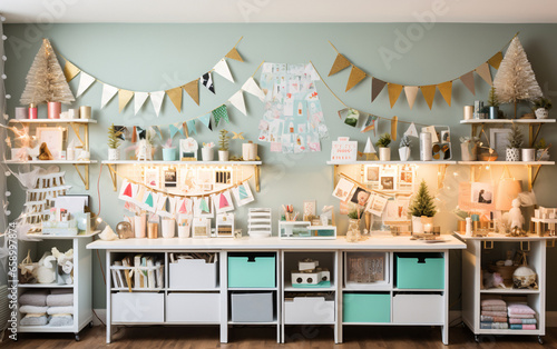 Craft room filled with lots of paper, accessories and supplies for decorating gifts