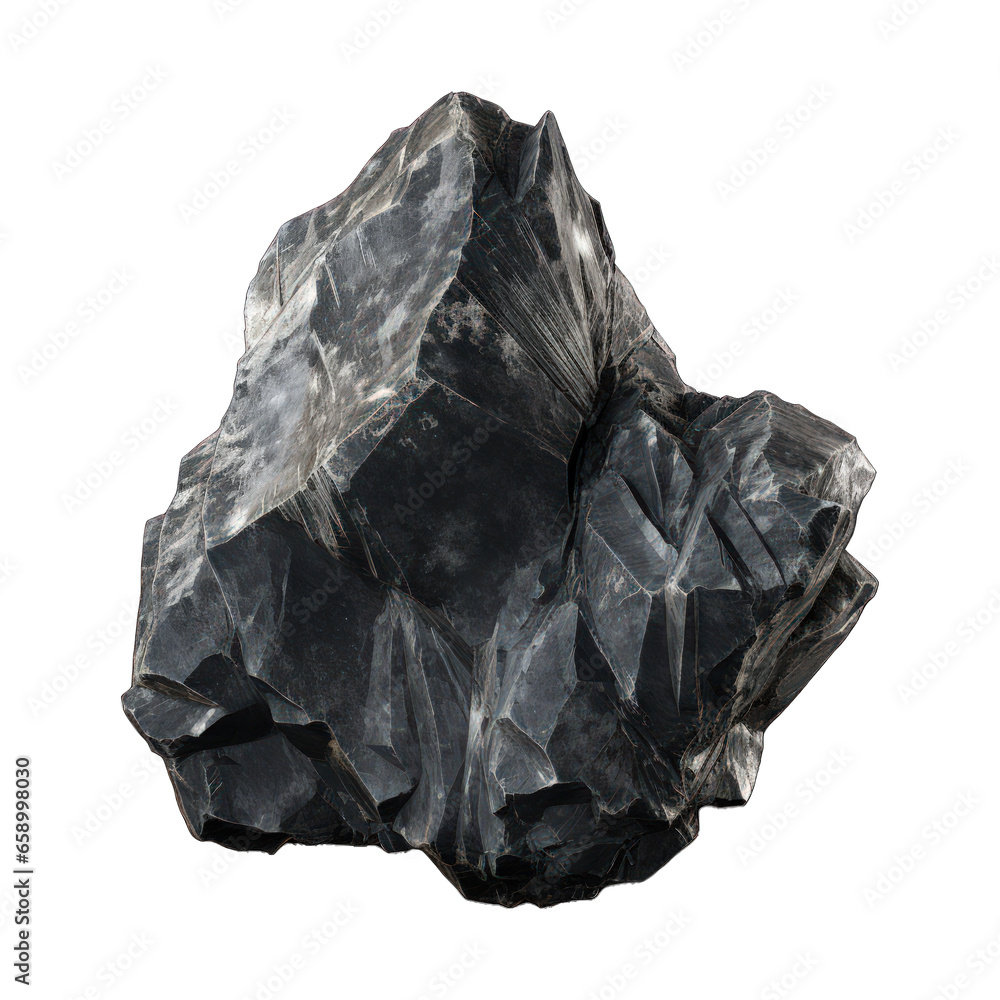 A gray stone mineral is displayed on a transparent background, showcasing its coarse texture, irregular shape, and natural tones of grays and blacks. Generative AI